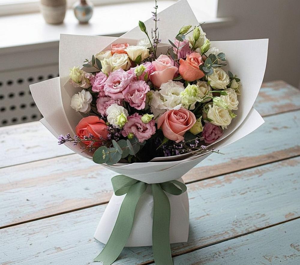 Букет цветов из: Розы, Лизиантусы и Гвоздики в Лесной Свердловской области