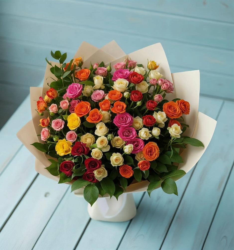 Букет Микс из разноцветных кустовых роз в Лесной Свердловской области
