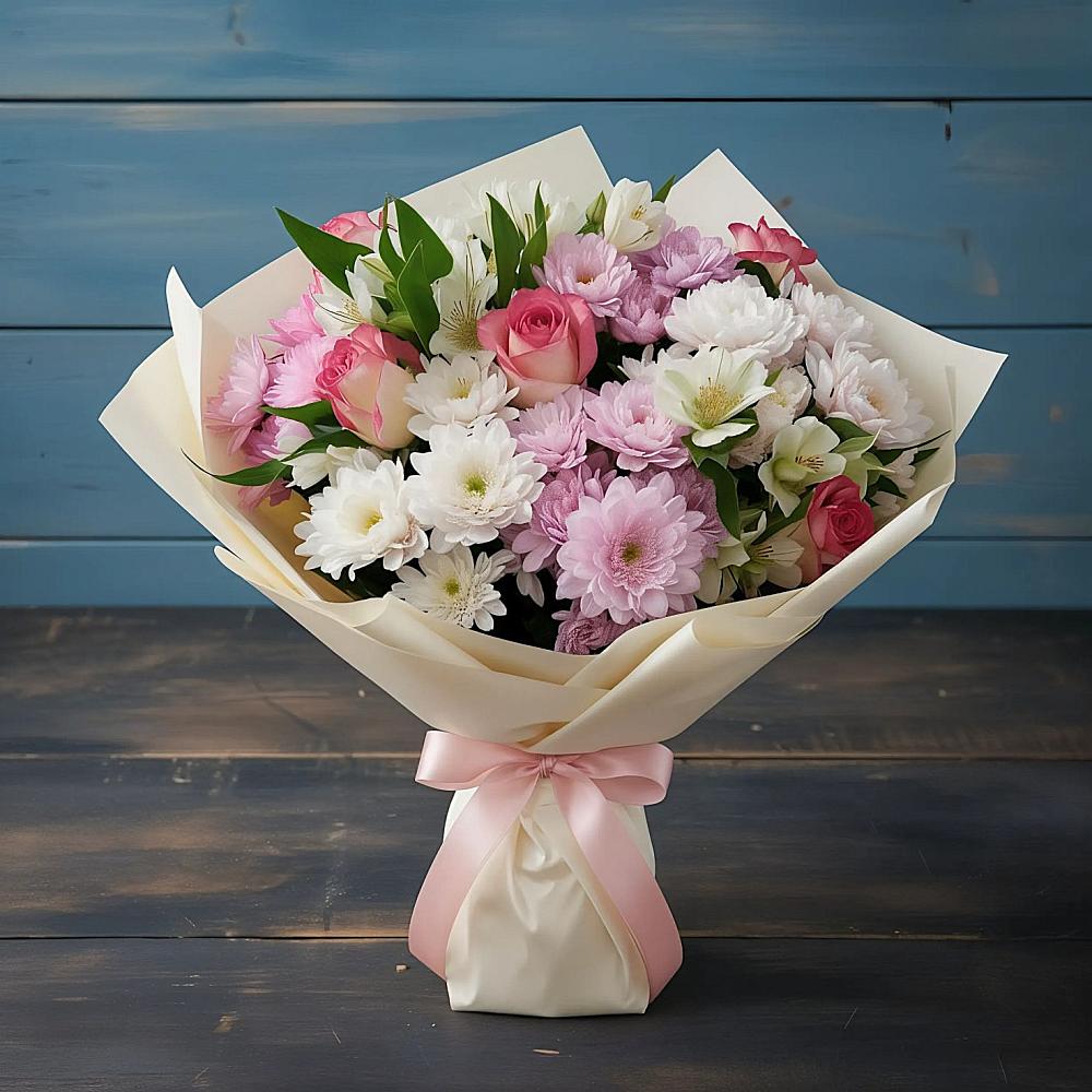 Букет цветов из: Хризантемы, Альстромерии и Розы в Лесной Свердловской области